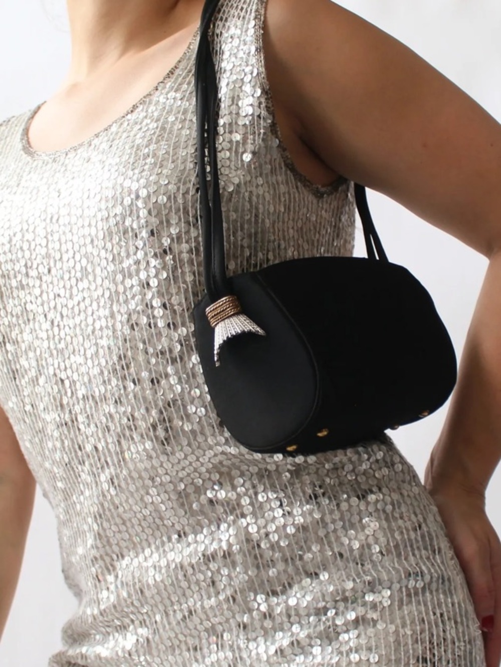 Black Satin Shoulder Bag with Metallic Embellishments
